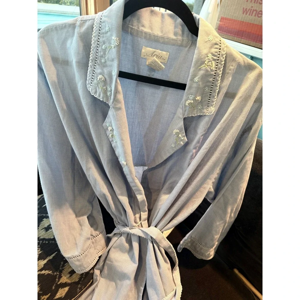 Vintage 60s Aria Blue Gingham Embroidered Robe Sweet‎ Grace Kelly Medium